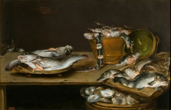 AdriaenssenAlexanderBodegonmesaconpescadosostrasyungatoPrimeramitaddel17Century静物