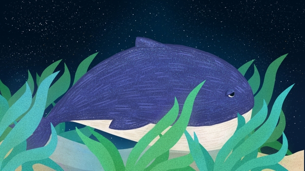 绿色水藻中的蓝色鲸鱼卡通背景