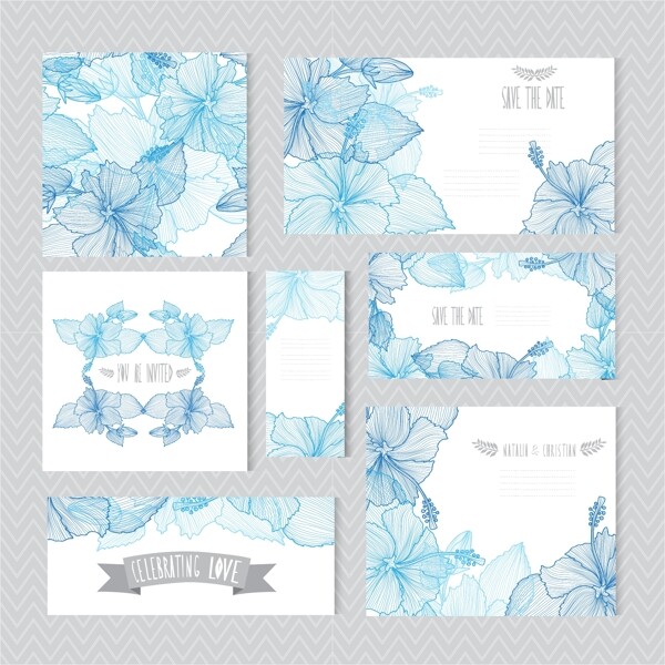 蓝色手绘花卉婚礼卡
