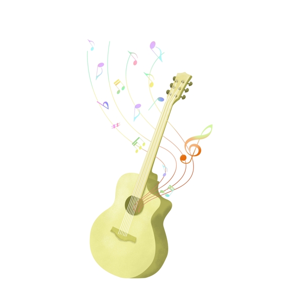 手绘渐变漂浮音符环绕乐器黄色吉他装饰图案