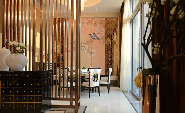 中式时尚室内客厅餐厅背景墙效果图