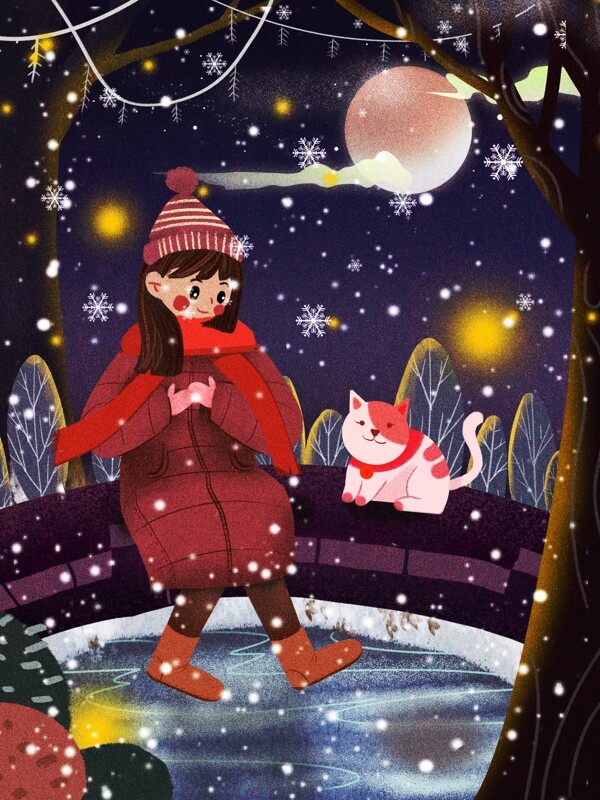 原创插画小寒节气下雪女孩与猫