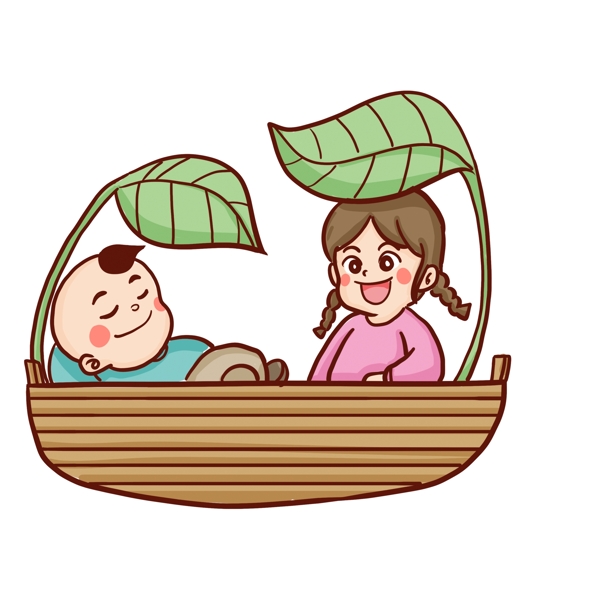 手绘乘着小船的两个小孩插画设计