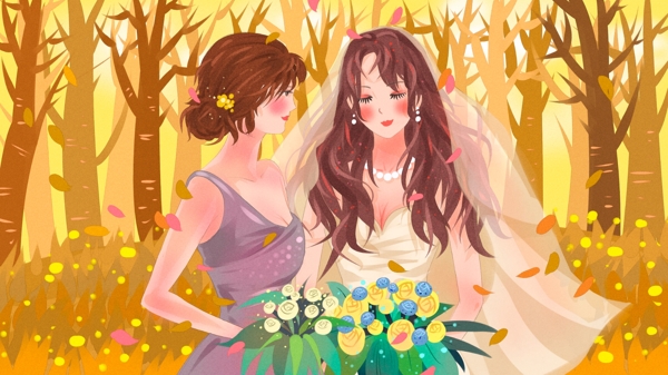 浪漫婚礼季美丽的新娘和伴娘唯美插画