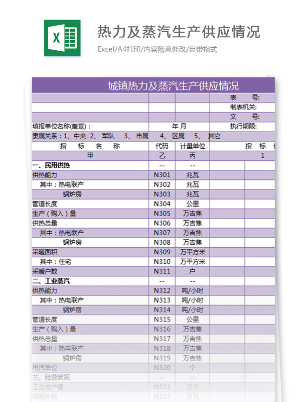 热力及蒸汽生产情况excel模板