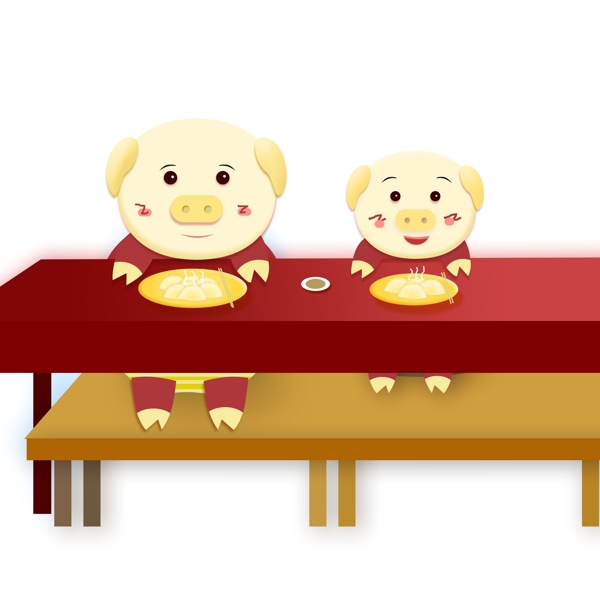 过年吃饺子的两只猪卡通设计