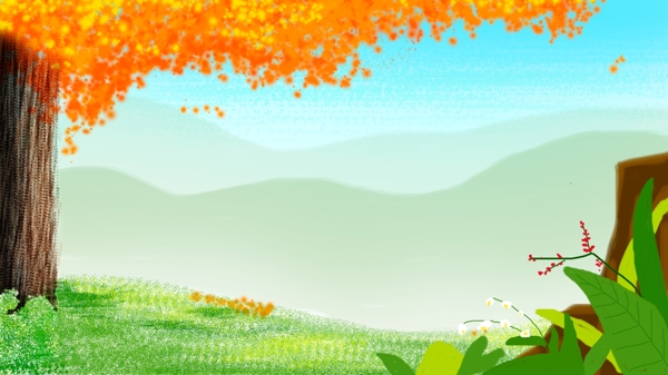 秋季枫树下的草地远山背景素材