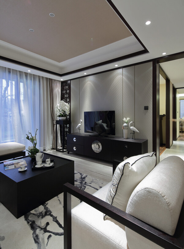 中式元素浅色地毯客厅室内装修效果图