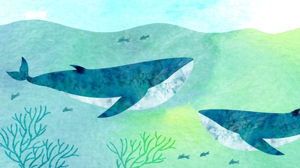 治愈系水彩肌理深海鲸鱼插画