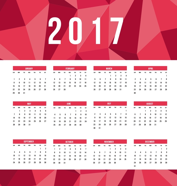 伟大的2017日历与几何图形红色调