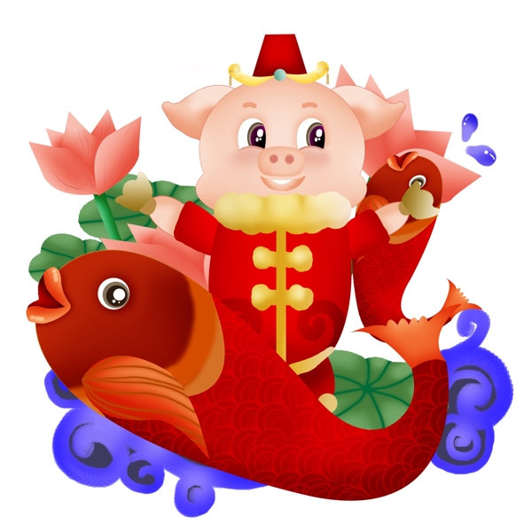 猪年大吉锦鲤年年有鱼新年祝福发财手绘插画手机界面