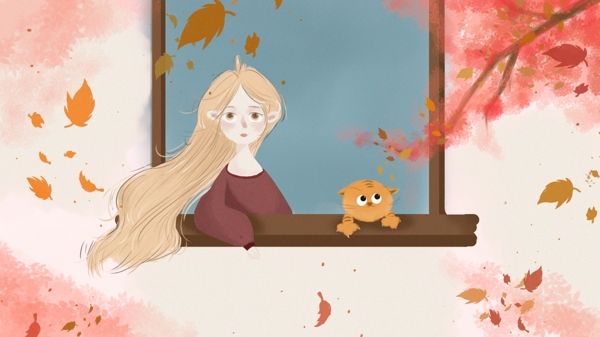二十四节气秋分之窗前的女孩与猫小清新插画
