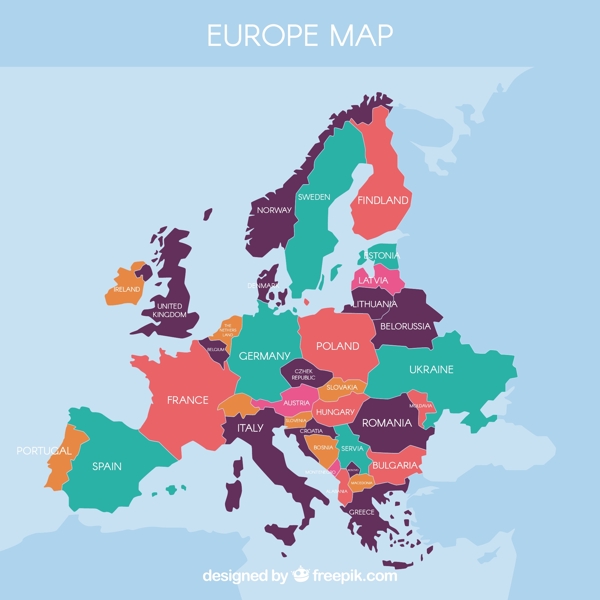 彩色完整欧洲地图矢量素材