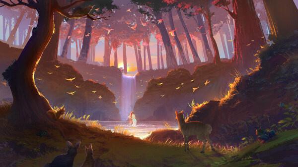 森林小鹿人物魔幻背景海报素材图片