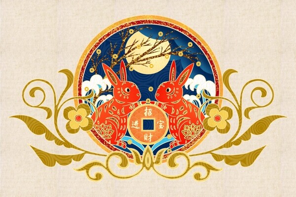 兔年生肖复古插画背景海报素材图片