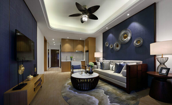 中式客厅蓝色电视背景墙装修效果图