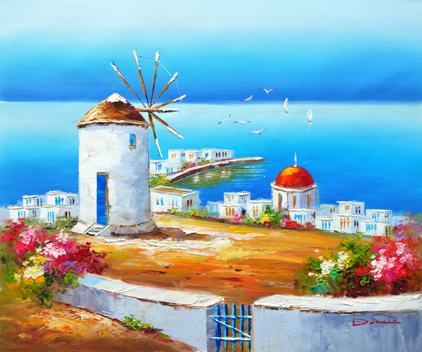希腊爱琴海建筑手绘油图片