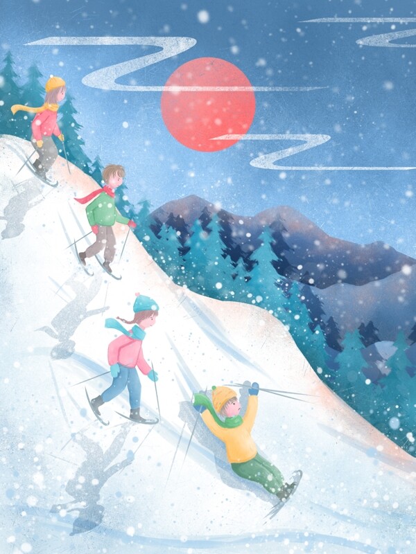 滑雪场景肌理写实插画滑雪的小朋友们