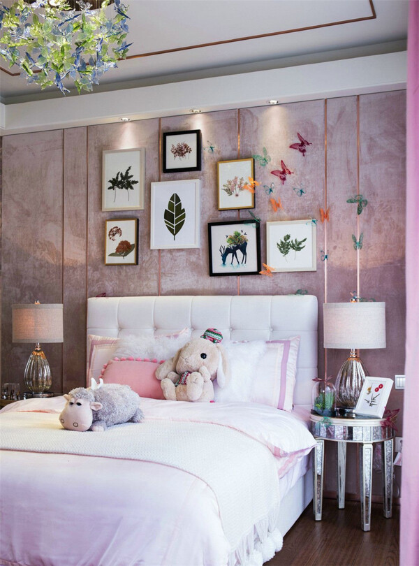 现代少女心卧室粉色背景墙室内装修图