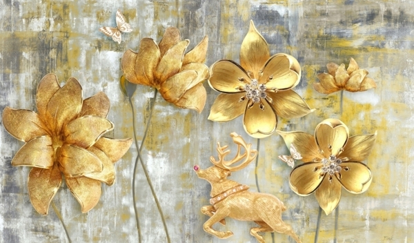 现代简约金色浮雕麋鹿花朵背景墙