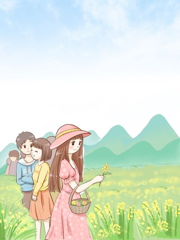 春季油菜季野外郊游女孩背景