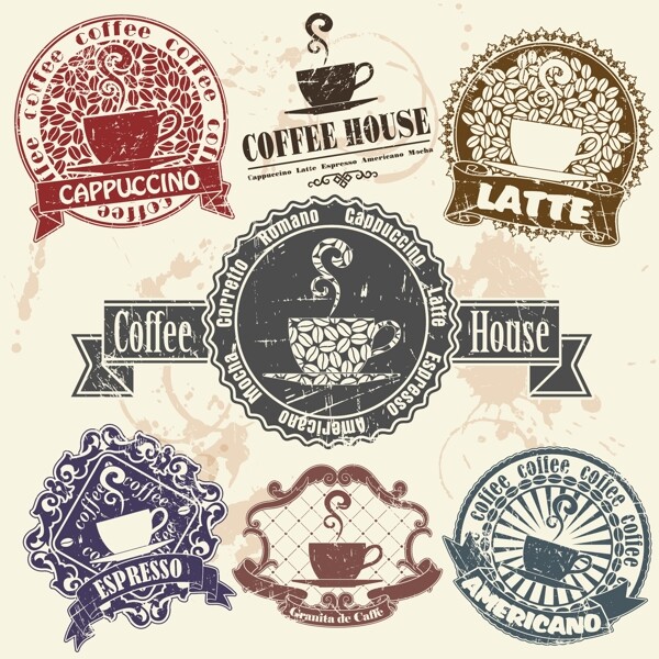 7款复古咖啡标签矢量素材