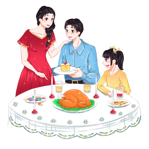 手绘感恩节家人一起温馨吃晚餐原创商用元素