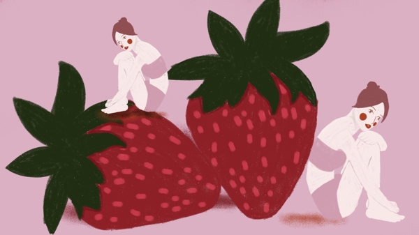 原创插画秋天水果草莓丛中的小精灵