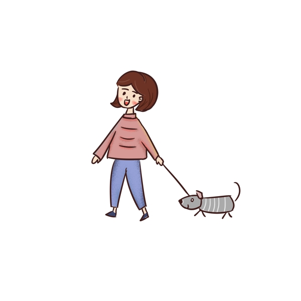 小清新少女拉着狗狗散步儿童插画元素