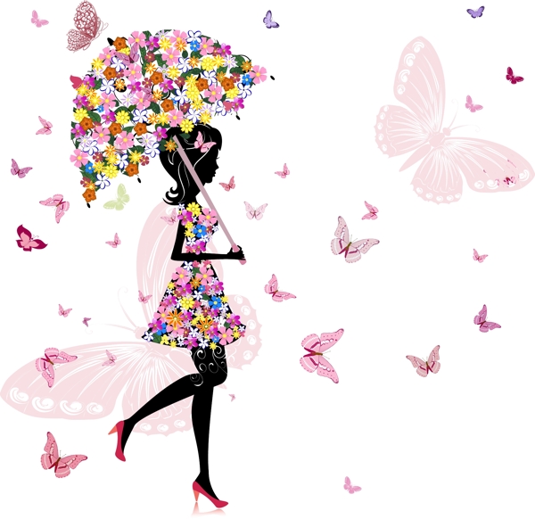 打着花纹雨伞漫步在蝴蝶中的美女图片