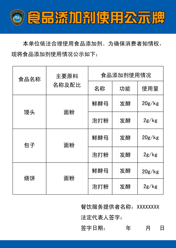 食品添加剂使用公示牌