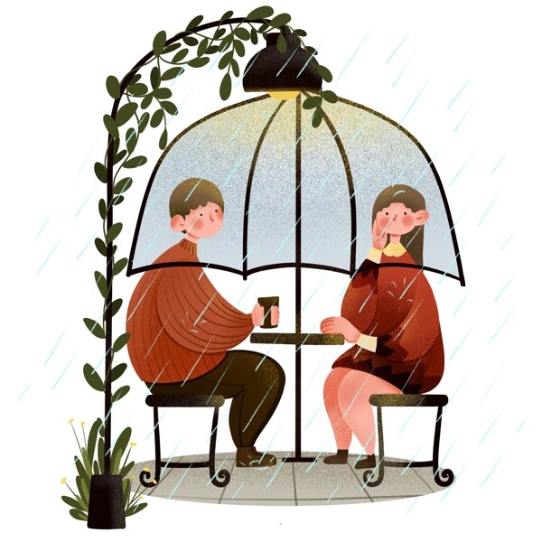 谷雨喝茶的情侣插画