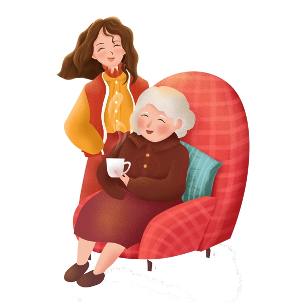 老奶奶和孙女人物插画素材