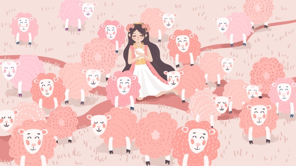 原创手绘插画十二星座之白羊座羊群中女孩
