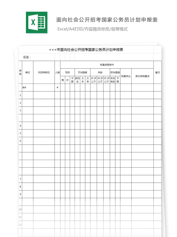 面向社会公开招考国家公务员计划申报表