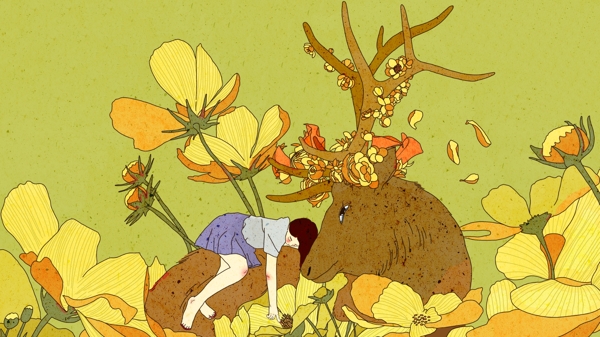原创森林花海鹿与少女的梦插画