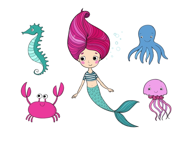 卡通美人鱼和海洋动物手绘矢量