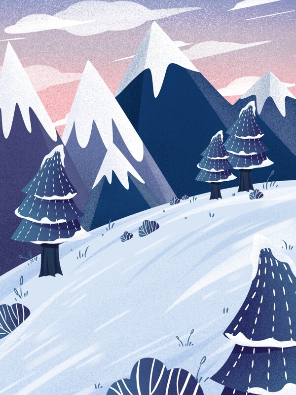 手绘冬季雪山滑雪背景设计