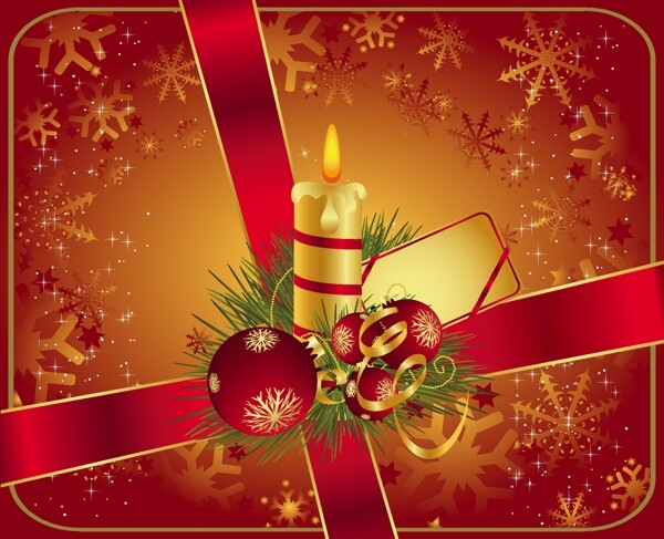 矢量圣诞节丝带挂球雪花花纹雪花花边金色MerryChristmas蜡烛礼物圣诞树矢量素材