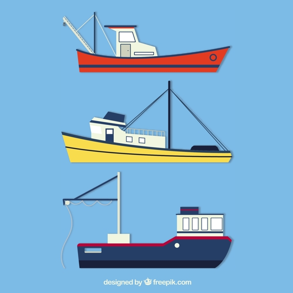 手绘三个渔船平面设计素材