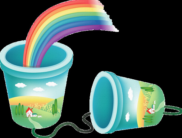 手绘两只塑料桶和彩虹透明素材