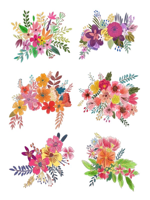复古色手绘风植物花束花团