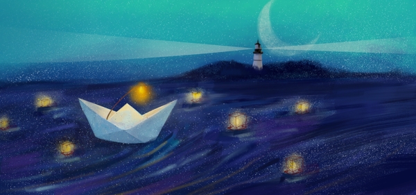 小船海洋插画卡通背景素材图片