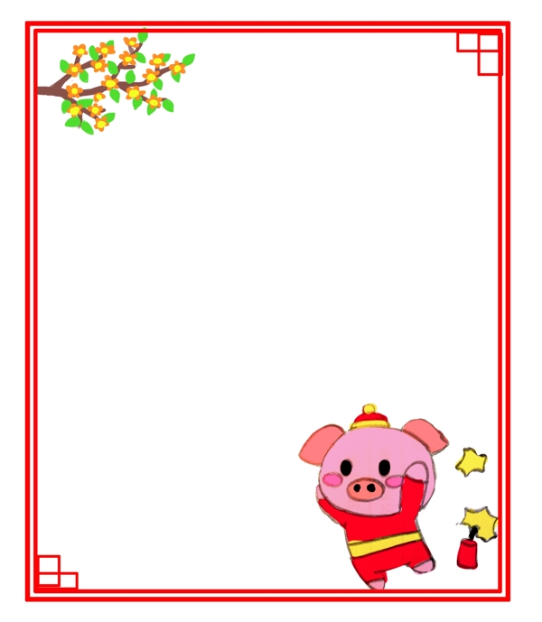 卡通粉色小猪放鞭炮贺新年边框