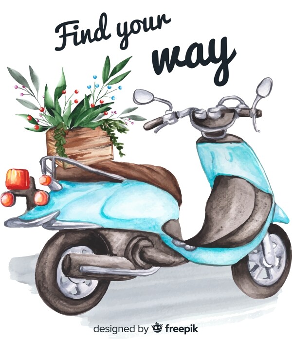 彩绘蓝色摩托车和花篮