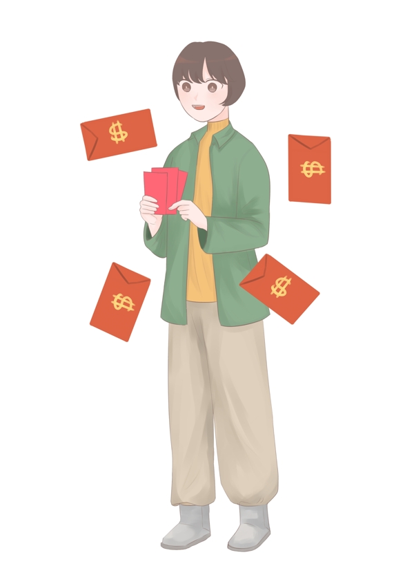 春节人物和红包插画