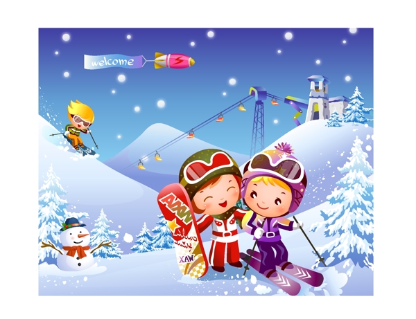 卡通儿童滑雪矢量图图片