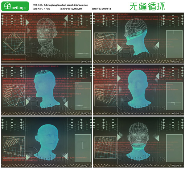 科幻3D人物面部扫描动画视频循环素材
