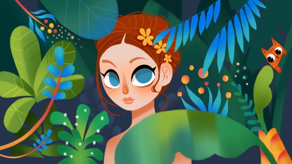 丛林少女植物插画