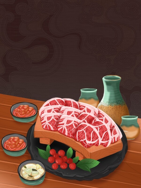 卡通手绘韩式烤肉插画背景